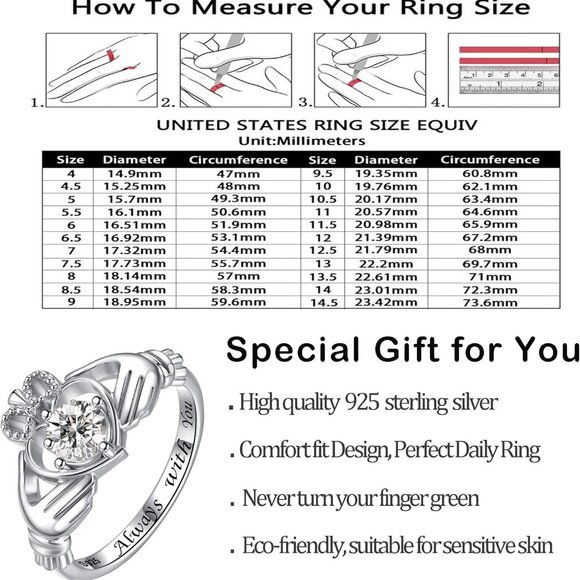 Hug Heart Claddagh Rings for Women - 925 Sterling Silver Irish Claddagh Love Fri - Picture 6 of 7